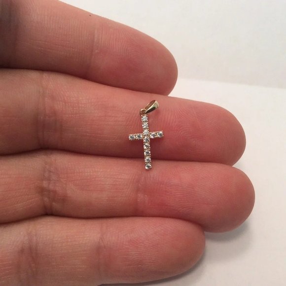 14K Real Yellow Gold Very small Cross Charm Pendant Cubic Zirconia Baby Children - Picture 4 of 7